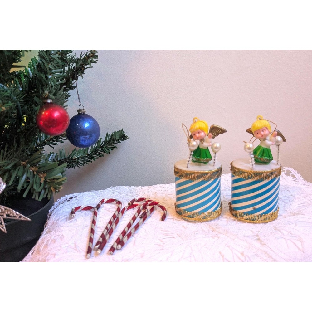 Vintage Christmas Ornament Lot | Angel Drum Ornaments & Candy Cane Decorations